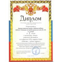 Диплом за 2 место в номинации "Вокал" районного фестиваля
